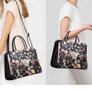 DASEIN Large Vegan Leather Floral Black Flower Satchel Handbag Shoulder Tote